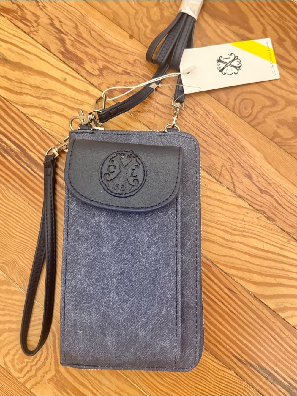Christian Lacroix Blue Gray Leather & Fabric Crossbody Phone Pouch